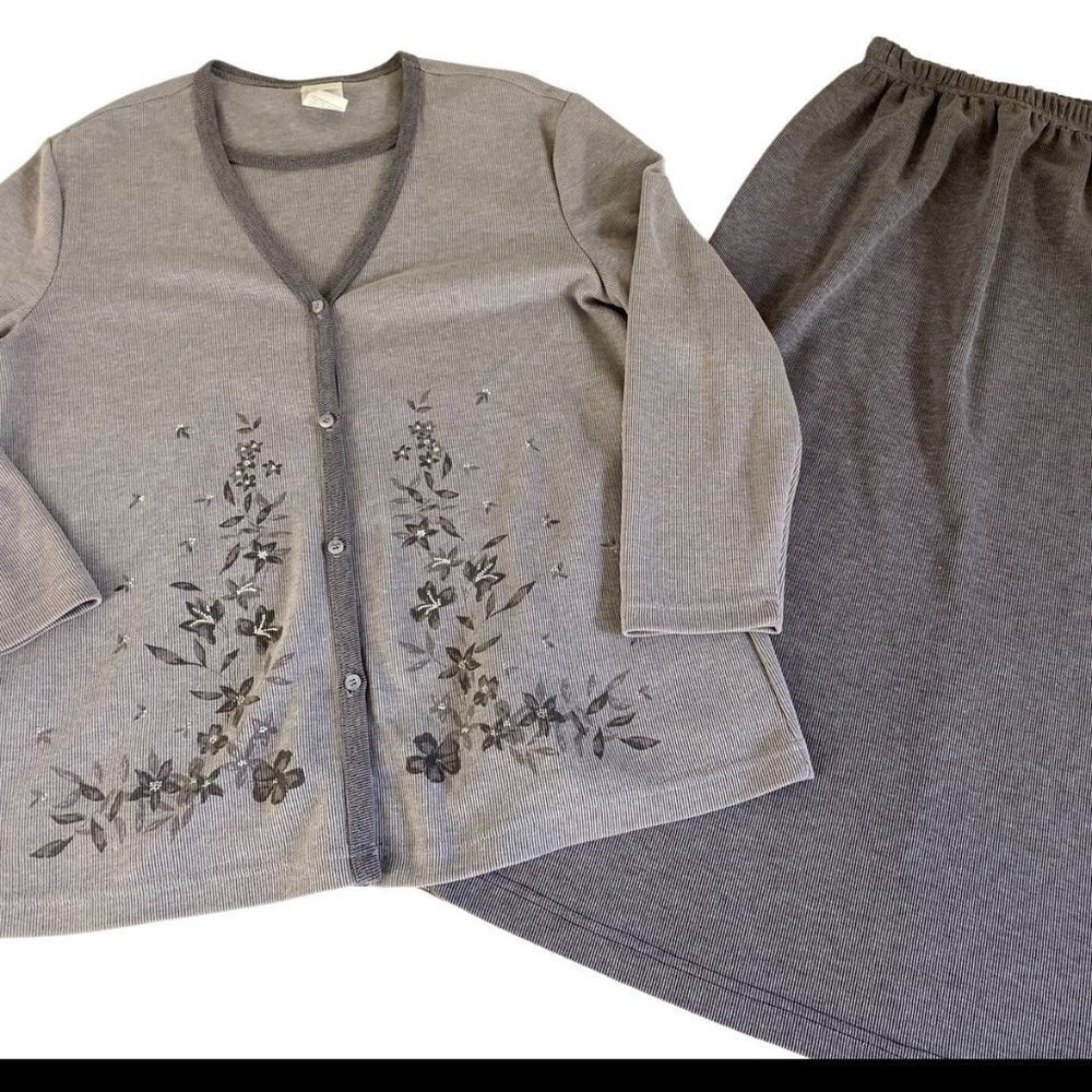 VTG 80s LINKS M Floral‎ Top Skirt 2pc Set Gray Embroidered Cottagecore USA 90s